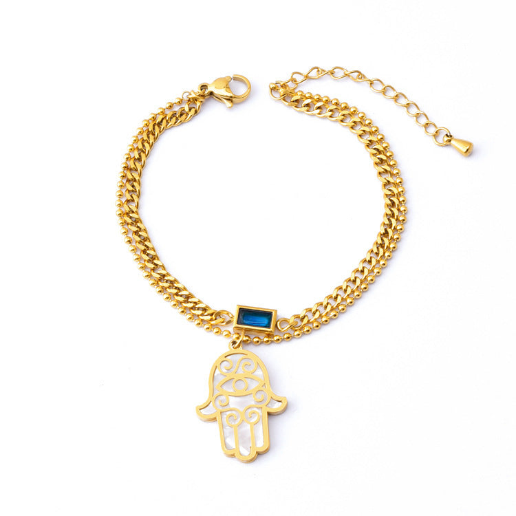 Double Layer Clavicle Chain Square Zircon Shell Palm Bracelet Necklace And Earrings Suite