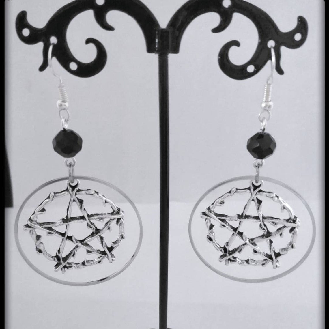 R Gothic Pagan Jewelry Halloween Gift Earrings Silver Circle Pentagram Earrings