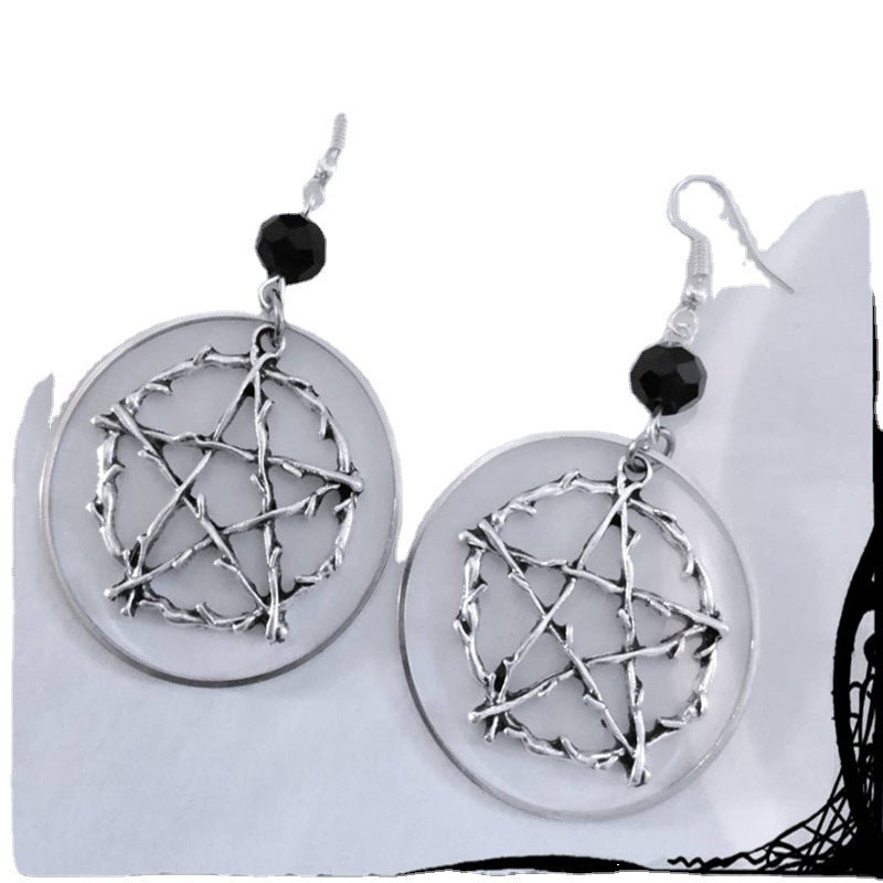 R Gothic Pagan Jewelry Halloween Gift Earrings Silver Circle Pentagram Earrings