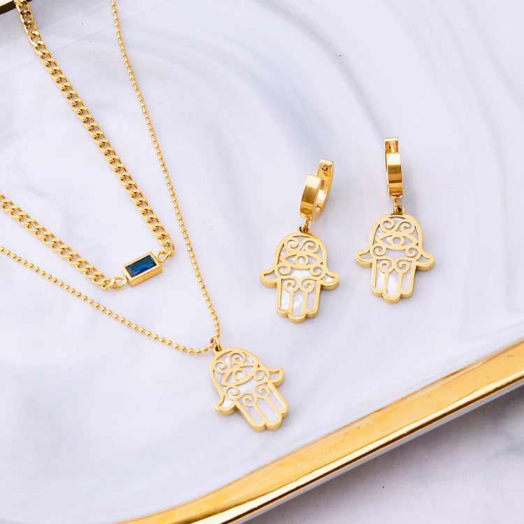 Double Layer Clavicle Chain Square Zircon Shell Palm Bracelet Necklace And Earrings Suite