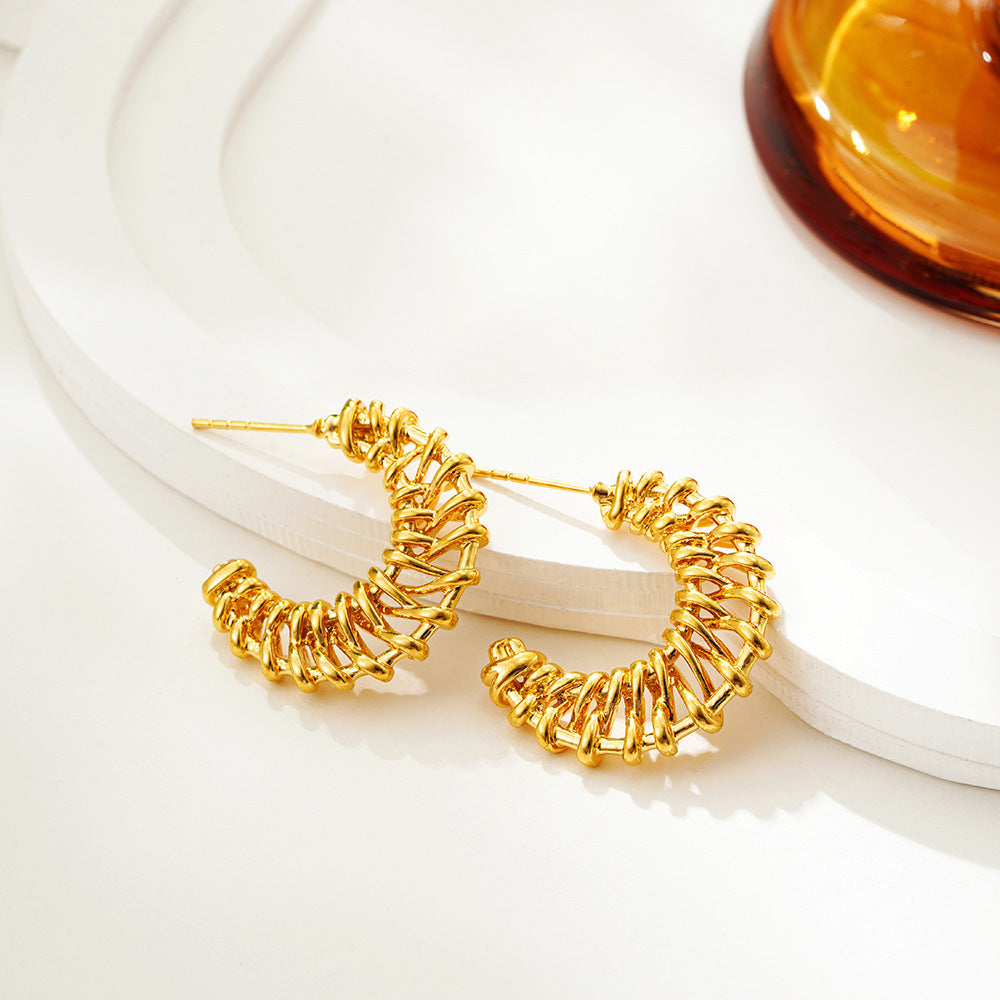 18K Gold Woven Crescent Stud Earrings For Women