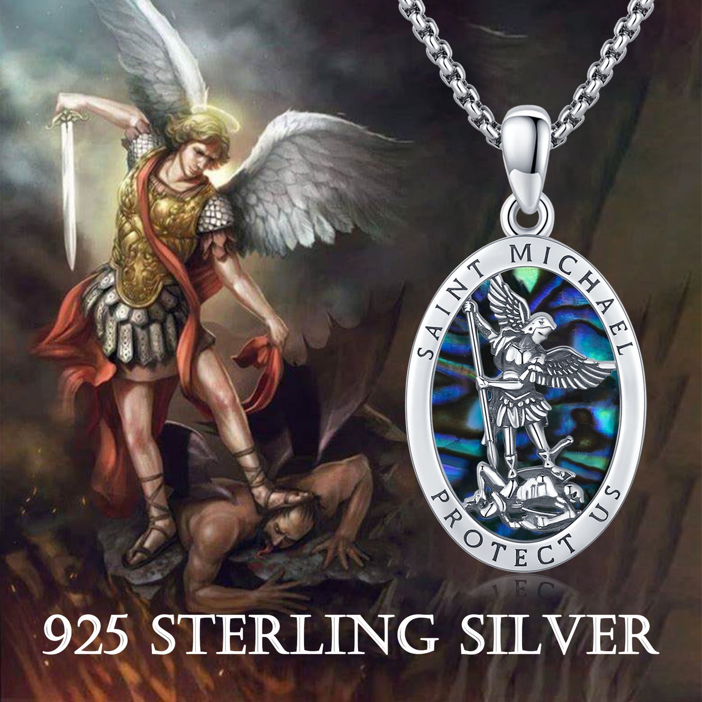 Beautiful Abalone Shell Saint Michael Pendant Necklace in 925 Sterling Silver