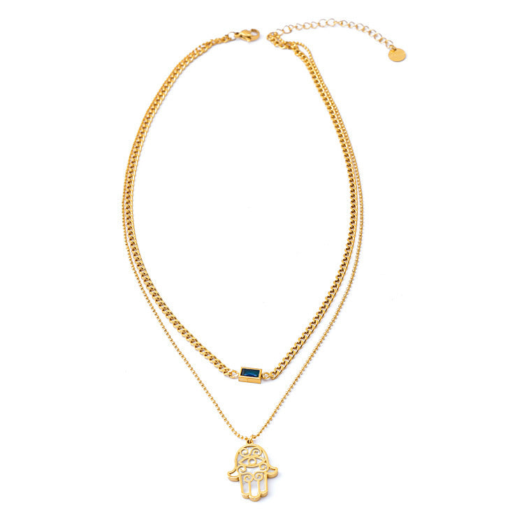 Double Layer Clavicle Chain Square Zircon Shell Palm Bracelet Necklace And Earrings Suite