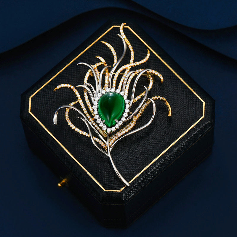 Emerald Two-color Electroplated Zircon Set Peacock Feather Brooch