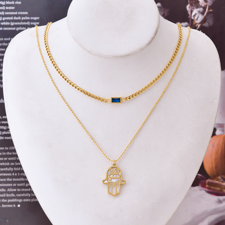 Double Layer Clavicle Chain Square Zircon Shell Palm Bracelet Necklace And Earrings Suite