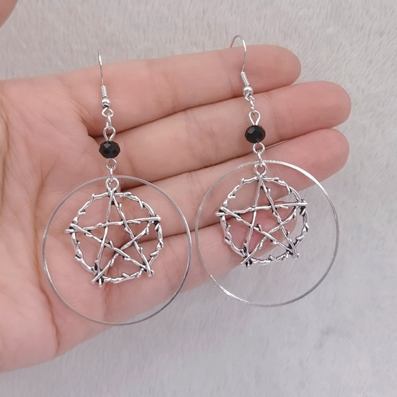 R Gothic Pagan Jewelry Halloween Gift Earrings Silver Circle Pentagram Earrings