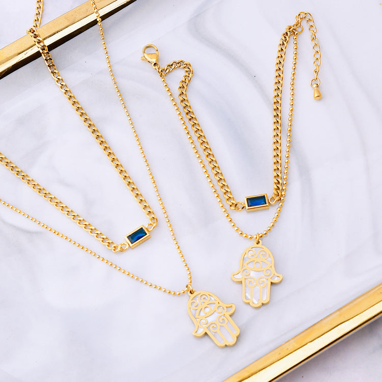 Double Layer Clavicle Chain Square Zircon Shell Palm Bracelet Necklace And Earrings Suite