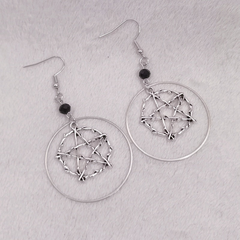 R Gothic Pagan Jewelry Halloween Gift Earrings Silver Circle Pentagram Earrings