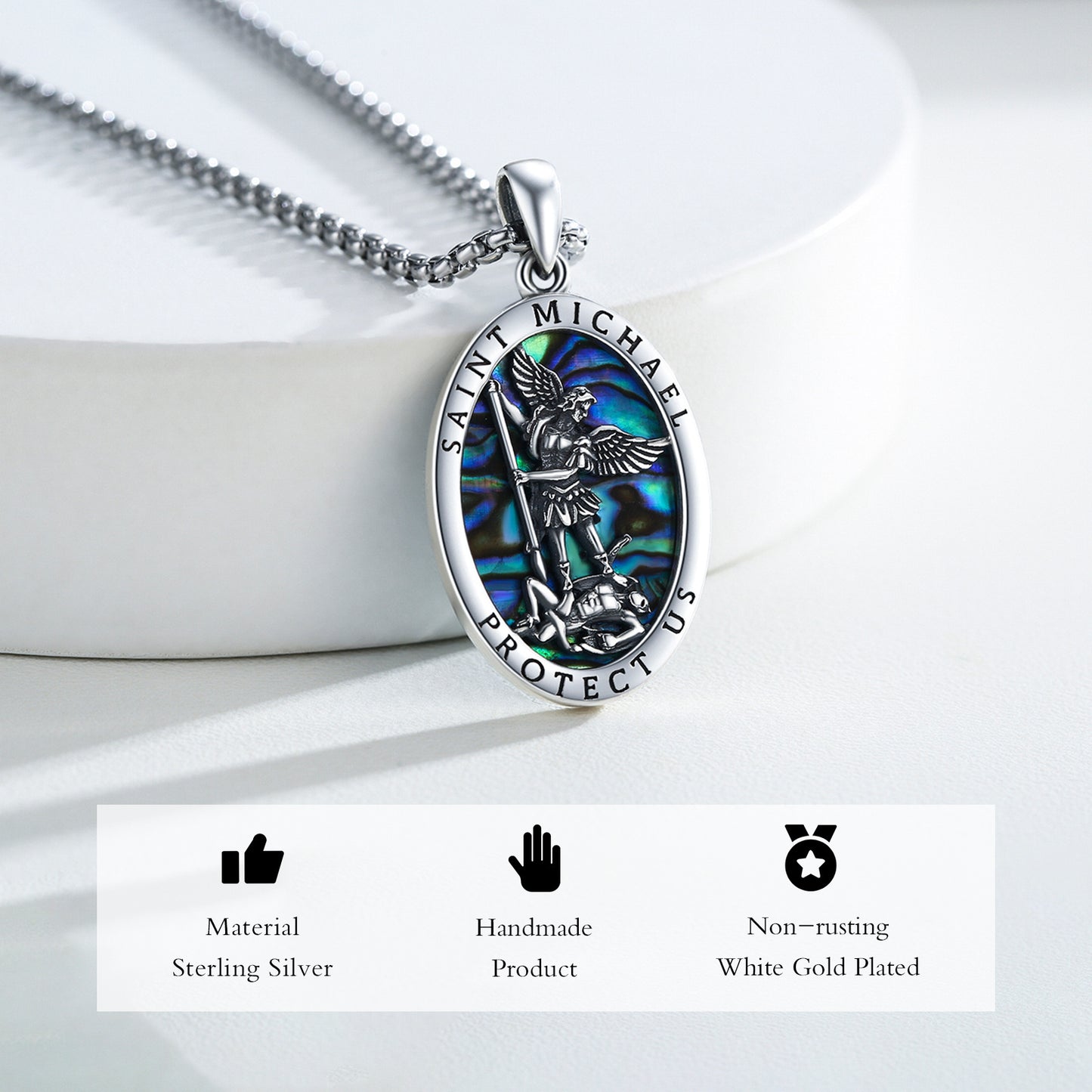 Beautiful Abalone Shell Saint Michael Pendant Necklace in 925 Sterling Silver