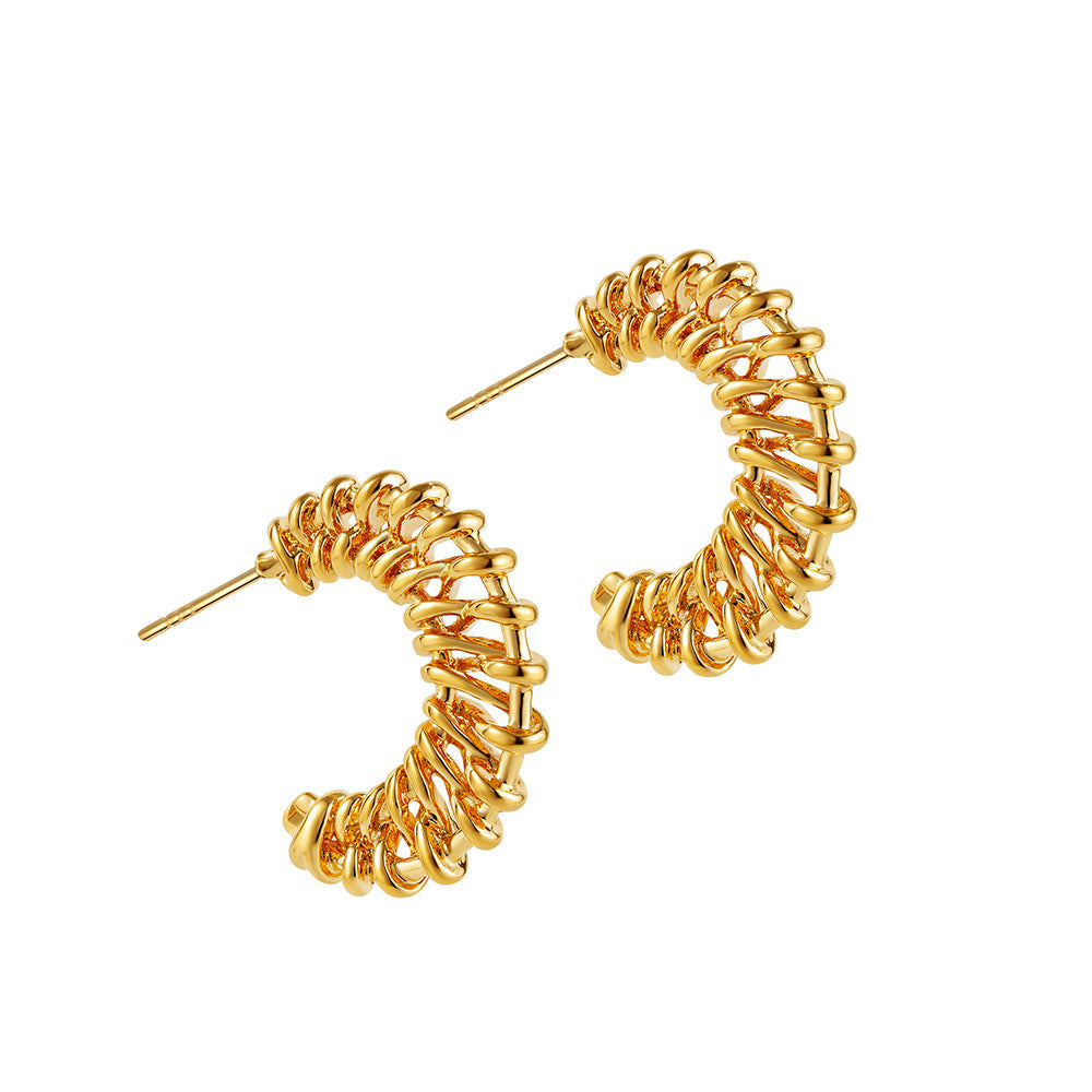 18K Gold Woven Crescent Stud Earrings For Women