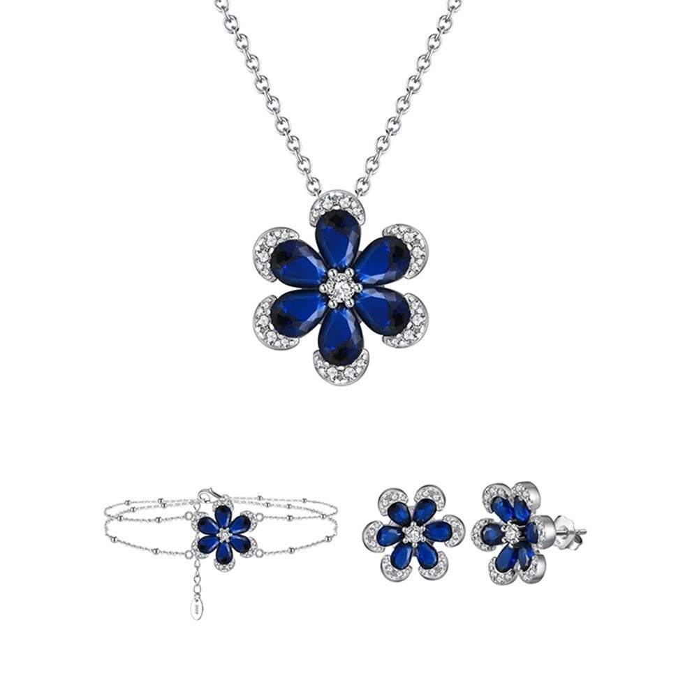 Artificial Sapphire Flower Shaped Pendant Necklace Bracelet Earrings