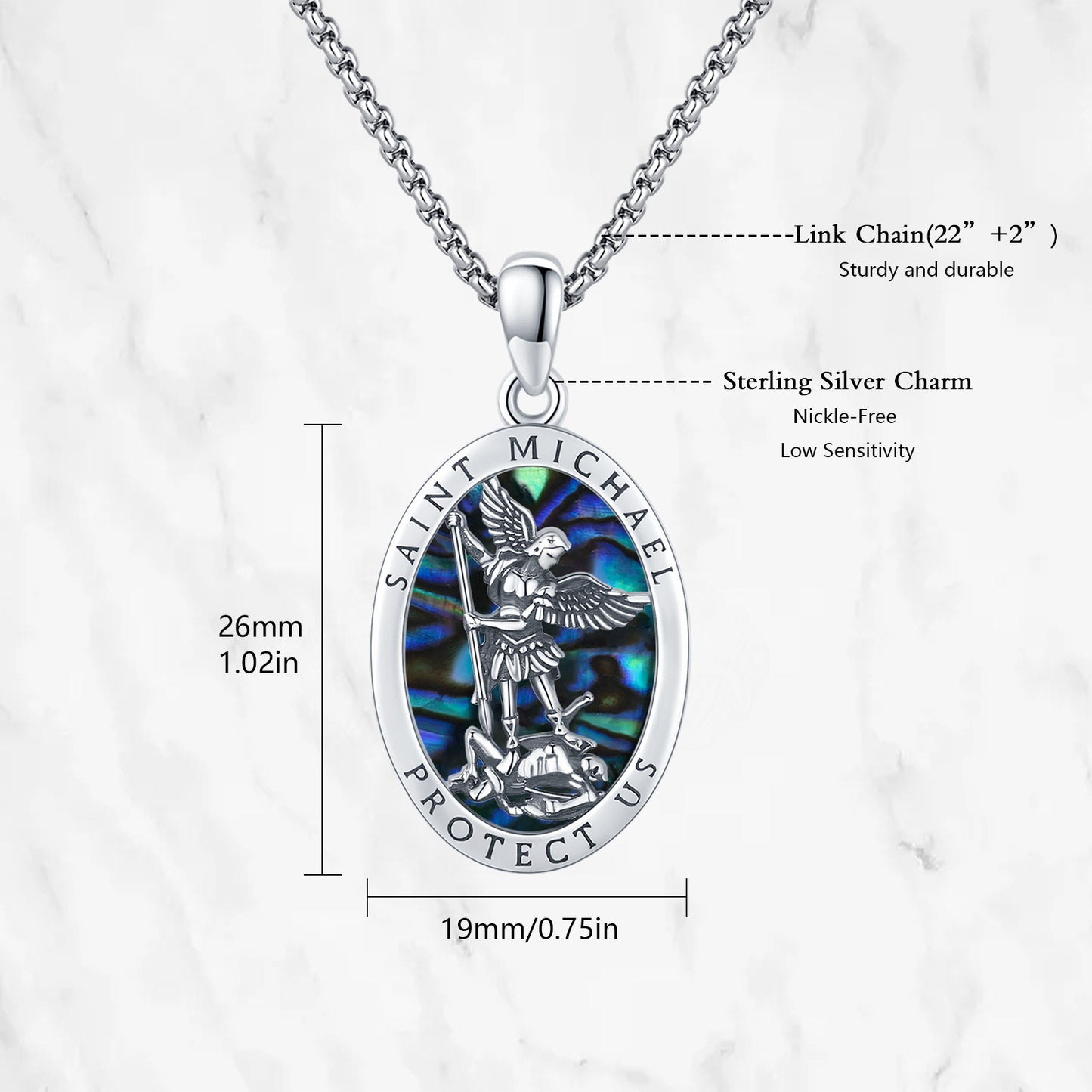 Beautiful Abalone Shell Saint Michael Pendant Necklace in 925 Sterling Silver