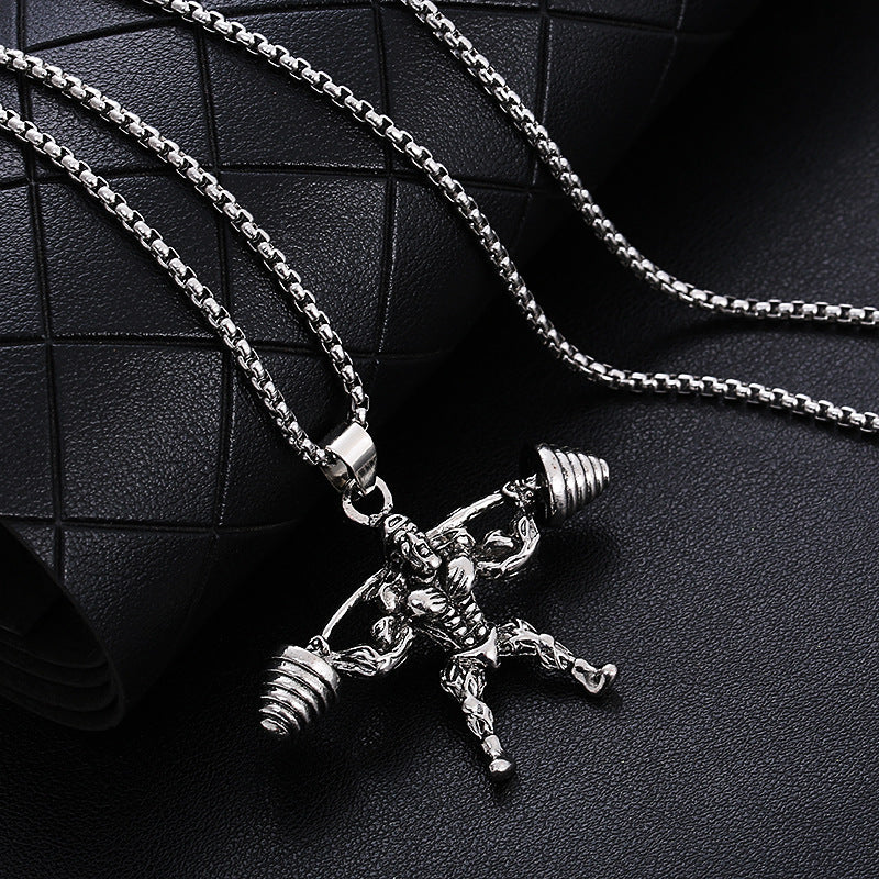 Stainless Steel Hip Hop Barbell Weightlifting Fitness Pendant Necklace
