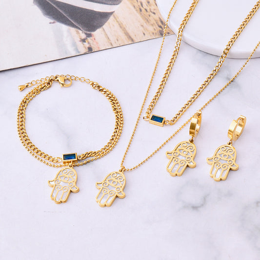 Double Layer Clavicle Chain Square Zircon Shell Palm Bracelet Necklace And Earrings Suite