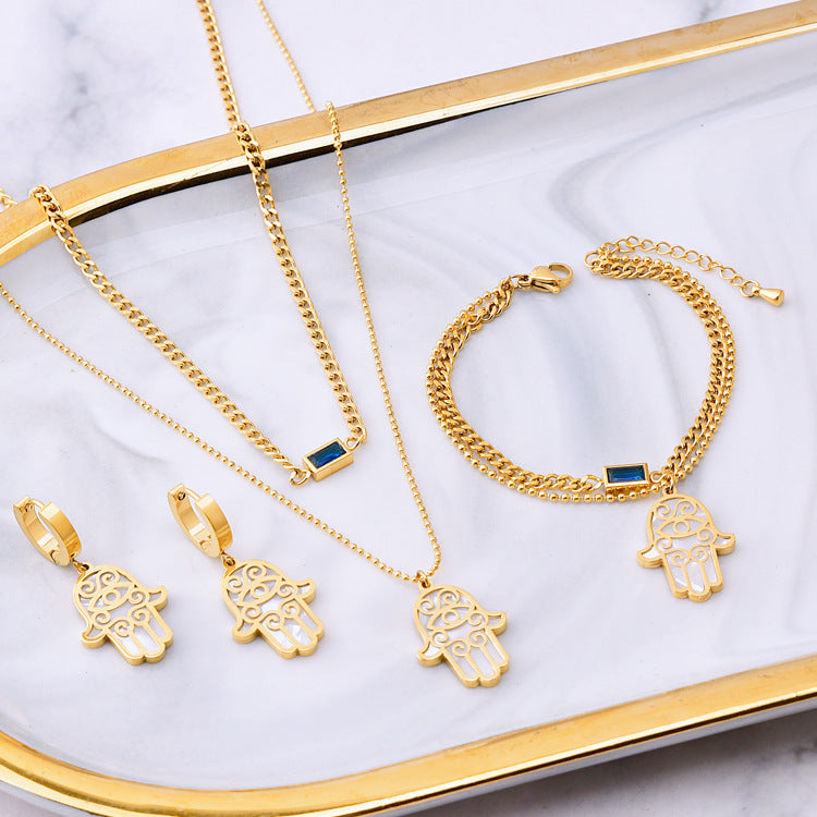 Double Layer Clavicle Chain Square Zircon Shell Palm Bracelet Necklace And Earrings Suite