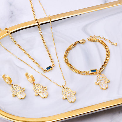 Double Layer Clavicle Chain Square Zircon Shell Palm Bracelet Necklace And Earrings Suite