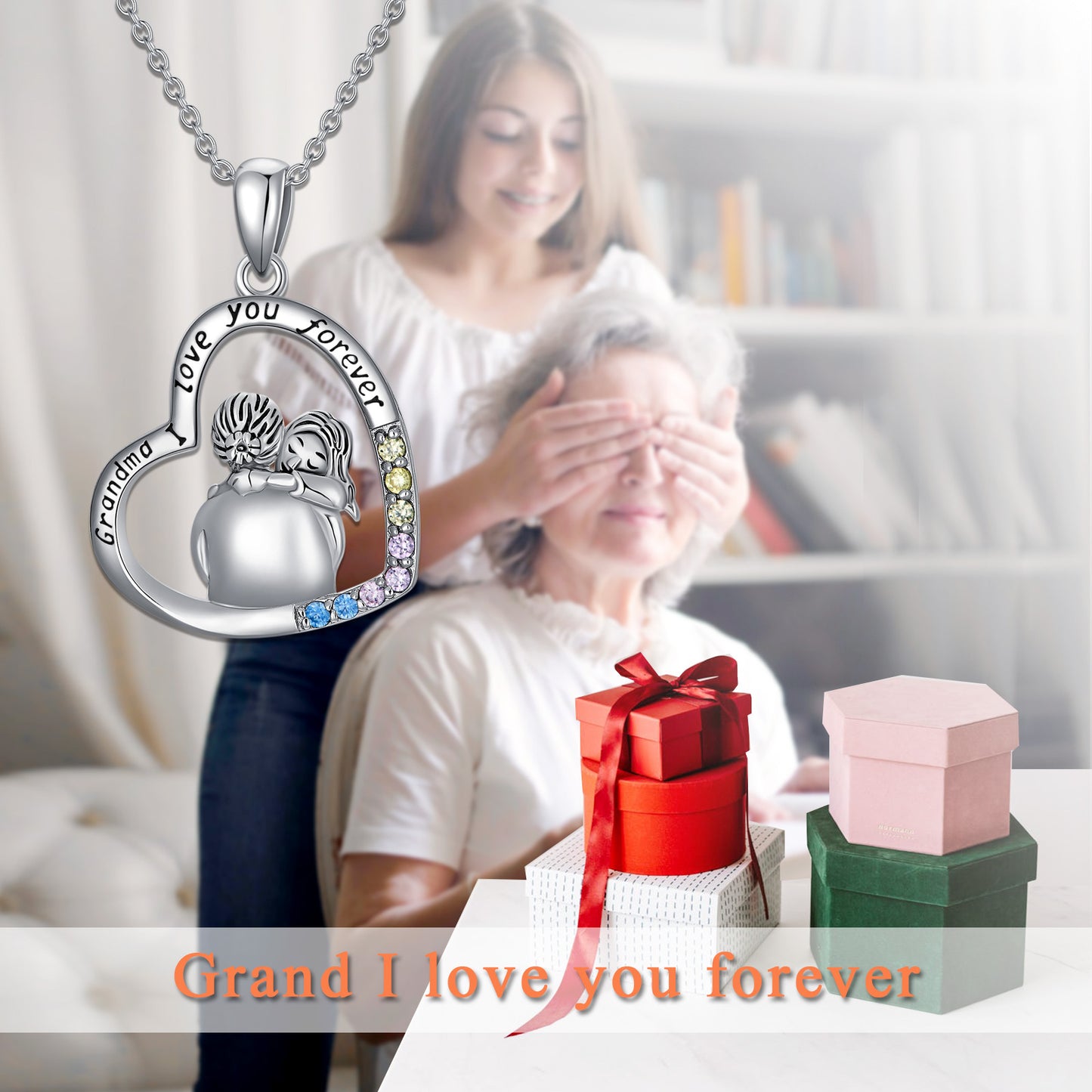 Special Connection White Gold Plated Cubic Zirconia Granny Necklace In Sterling Silver