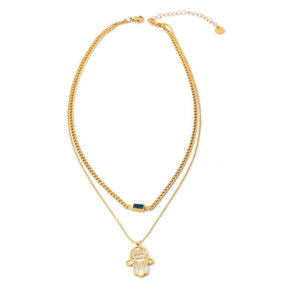 Double Layer Clavicle Chain Square Zircon Shell Palm Bracelet Necklace And Earrings Suite