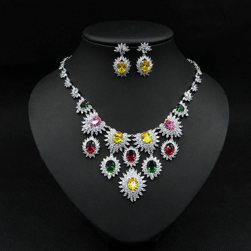 Beautiful and Unique Jewelry Colorful Zircon Earrings Necklace Set Bridal Wedding Jewelry Accessories
