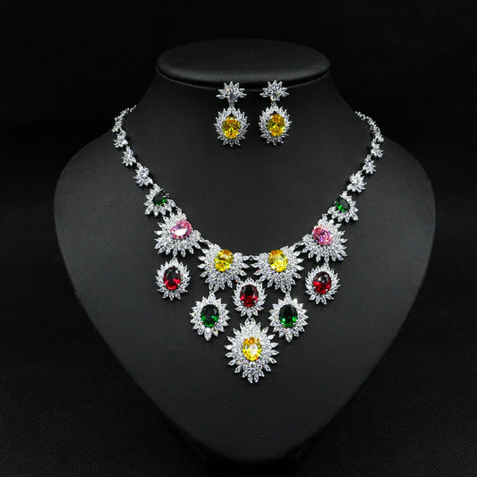 Beautiful and Unique Jewelry Colorful Zircon Earrings Necklace Set Bridal Wedding Jewelry Accessories
