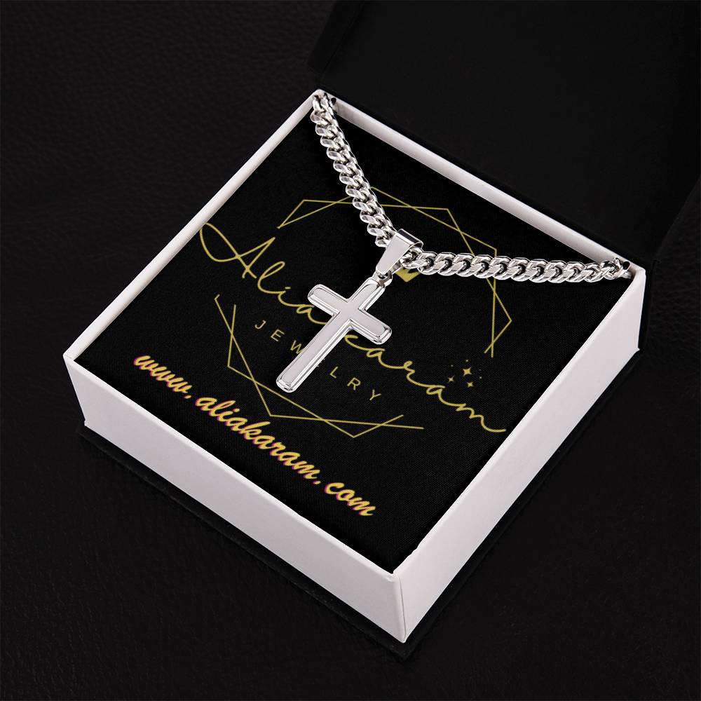 Personalized Steel Cross Necklace on Cuban Chain