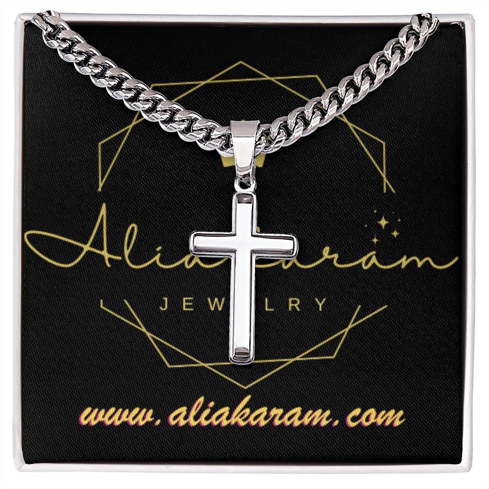 Personalized Steel Cross Necklace on Cuban Chain