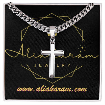 Personalized Steel Cross Necklace on Cuban Chain