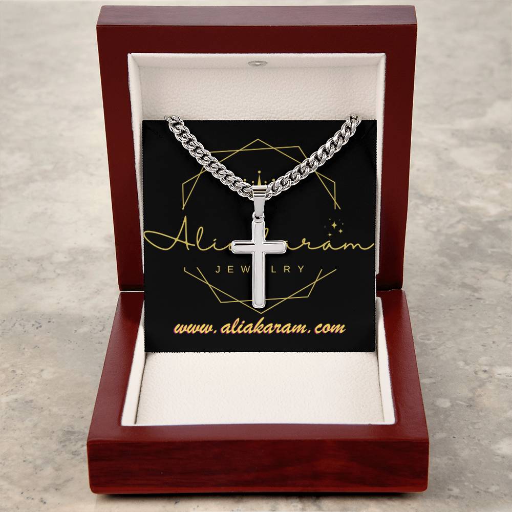 Personalized Steel Cross Necklace on Cuban Chain
