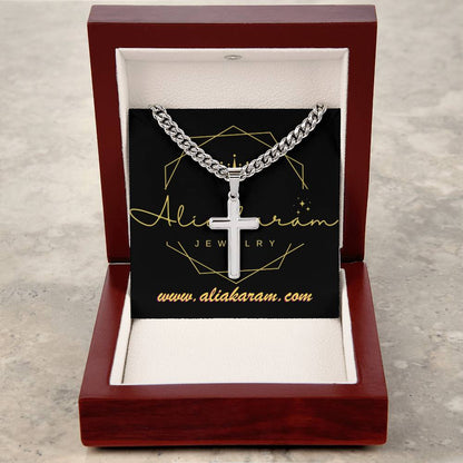 Personalized Steel Cross Necklace on Cuban Chain