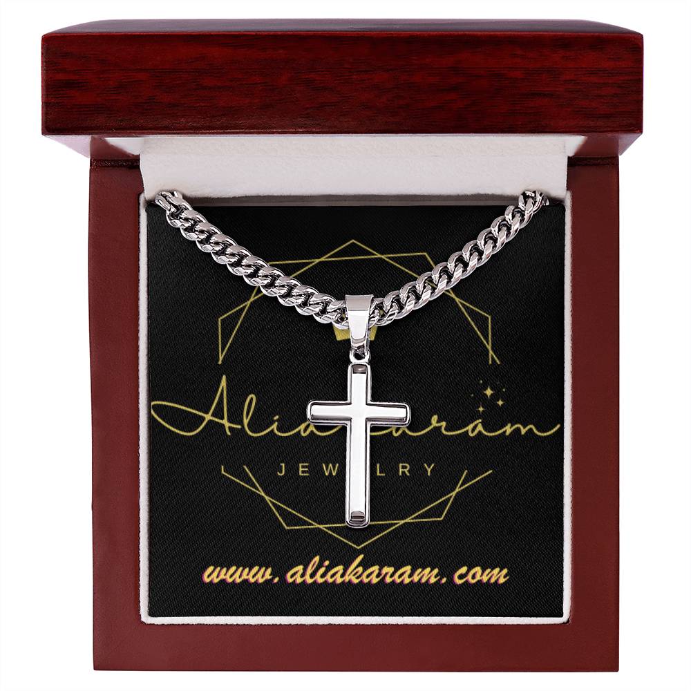Personalized Steel Cross Necklace on Cuban Chain