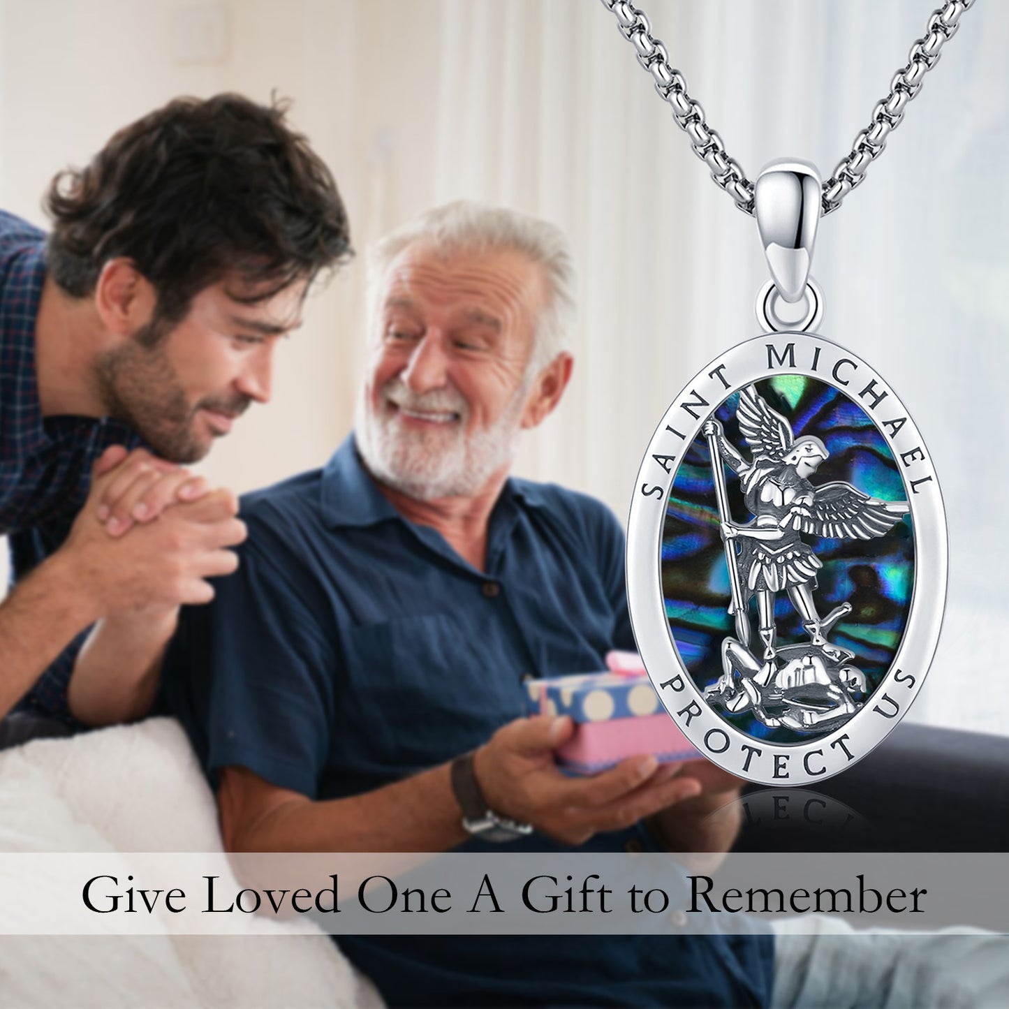 Beautiful Abalone Shell Saint Michael Pendant Necklace in 925 Sterling Silver