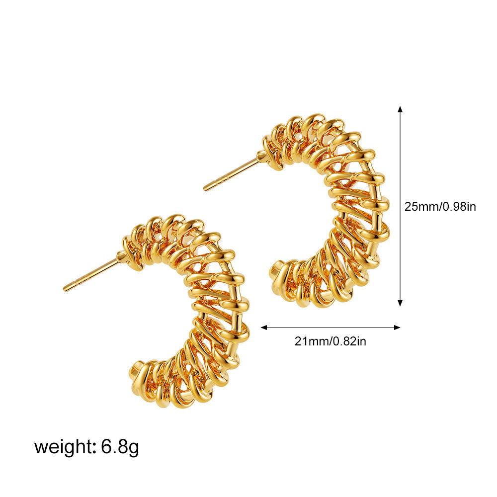 18K Gold Woven Crescent Stud Earrings For Women