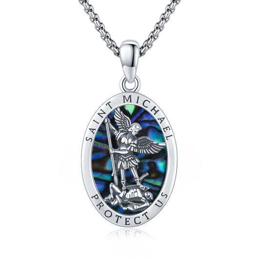 Beautiful Abalone Shell Saint Michael Pendant Necklace in 925 Sterling Silver