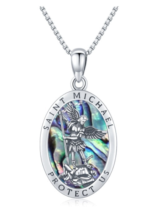 Beautiful Abalone Shell Saint Michael Pendant Necklace in 925 Sterling Silver