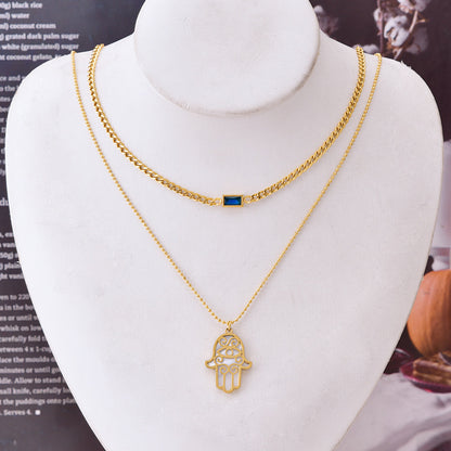Double Layer Clavicle Chain Square Zircon Shell Palm Bracelet Necklace And Earrings Suite