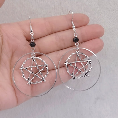 R Gothic Pagan Jewelry Halloween Gift Earrings Silver Circle Pentagram Earrings