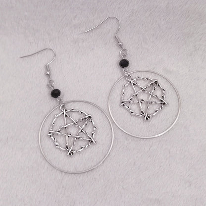 R Gothic Pagan Jewelry Halloween Gift Earrings Silver Circle Pentagram Earrings