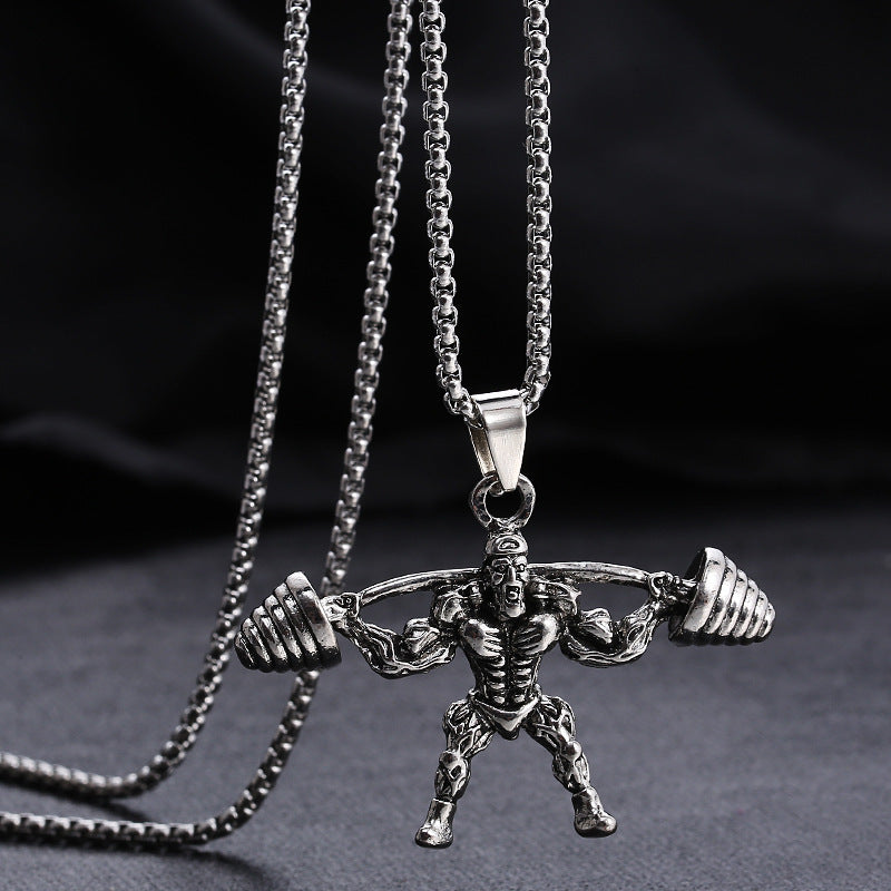 Stainless Steel Hip Hop Barbell Weightlifting Fitness Pendant Necklace