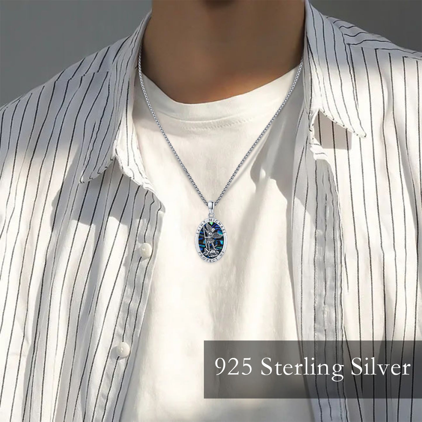 Beautiful Abalone Shell Saint Michael Pendant Necklace in 925 Sterling Silver