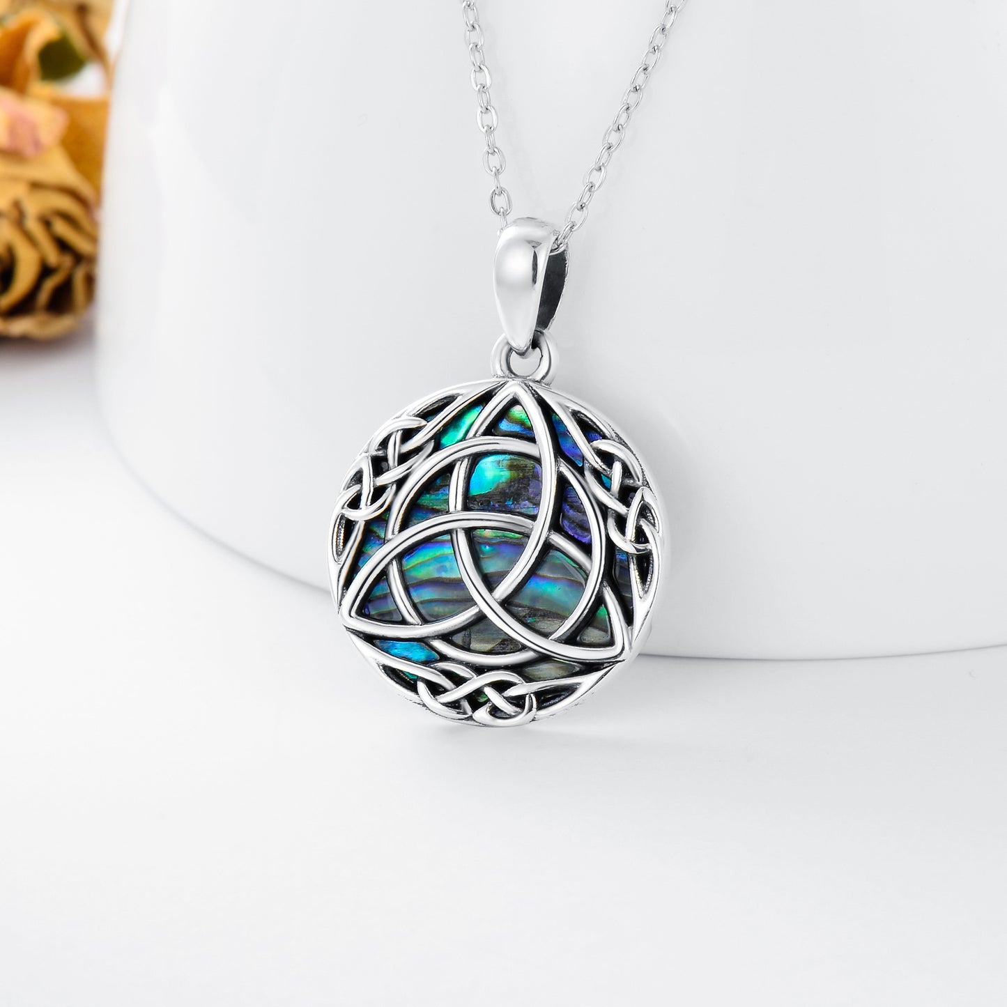 Beautiful Vintage Sterling Silver Trinity Celtic Knot Lucky Necklace With Simulated Abalone Shell
